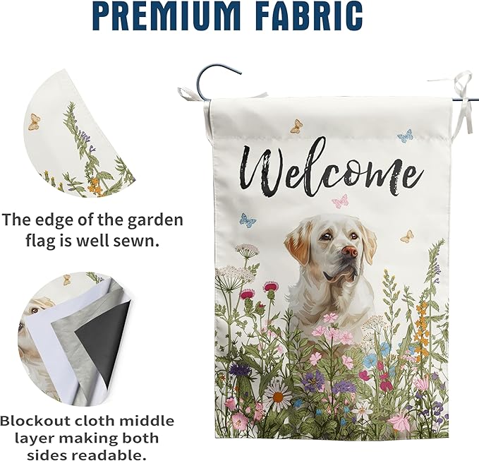 Floral White Lab Garden Flag Spring Summer Yard Flag Flower Dog Labrador Garden Flags for Outside Small Outdoor Welcome Flags 12x18 Double Sided