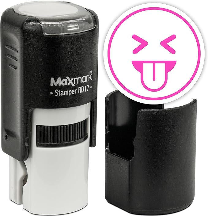 MaxMark Round Self Inking Emoji Stamp - Tongue - Pink Ink