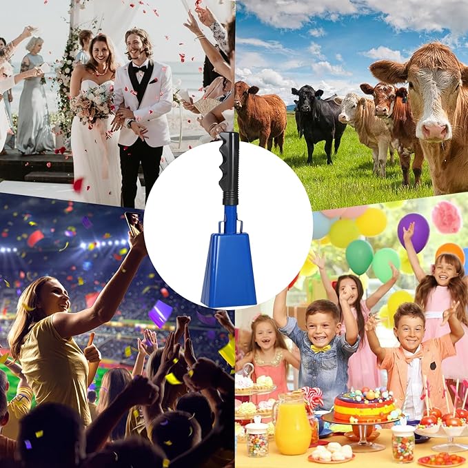 10Inch Cowbells with Handle for Sporting Events, 2Pcs Large Cow Bells with Wrist Straps, Loud Noise Makers for Cheering Football Games Spirit Marathon Weddings Party Noisemakers, Blue