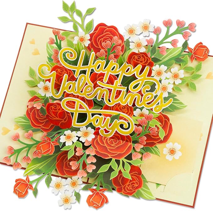 Floral Valentines Day Pop Up Card, For Love, All Occasion, Just Because, Gift for Her, Girlfriend, Women, Wife, Grandma, Crush, 5x7 - Includes Envelope And Message Note