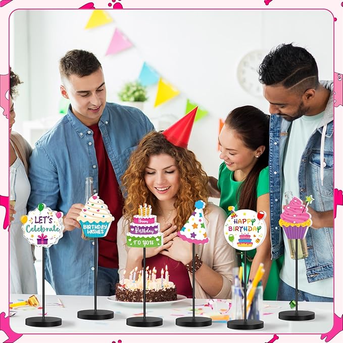 6 Pcs Colorful Birthday Party Decoration Happy Birthday Table Standing Sign Decor for Centerpieces Celebration Wooden Sign Single-sided Printed Tabletop Decor for Party Favor Supplies
