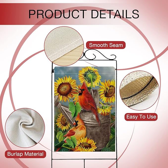 Hzppyz Spring Summer Sunflower Cardinal House Flag Double Sided, Red Bird Garden Yard Outdoor Large Burlap Flag, Fall Farmhouse Home Decoration 28x40