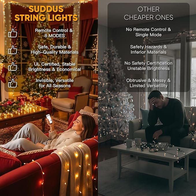suddus 100 Led Connectable Christmas String Lights Outdoor with Timer, 33ft Fairy Lights Plug in Waterproof Indoor, Twinkle Lights with Remote for Xmas Tree, Bedroom, Dorm, Party, Garden – Warm White