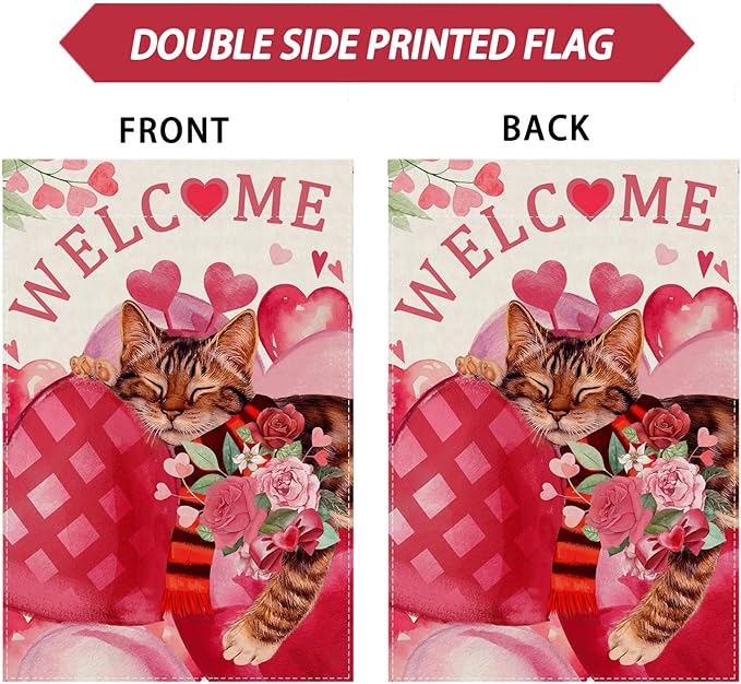 ZAEW Welcome Valentine’s Day Garden Flag Romantic Red Big Roses Love Heart Cat Yard Flag 12x18 Inch Double Sided Small Mini Yard Outdoor Outside Holiday Decoration