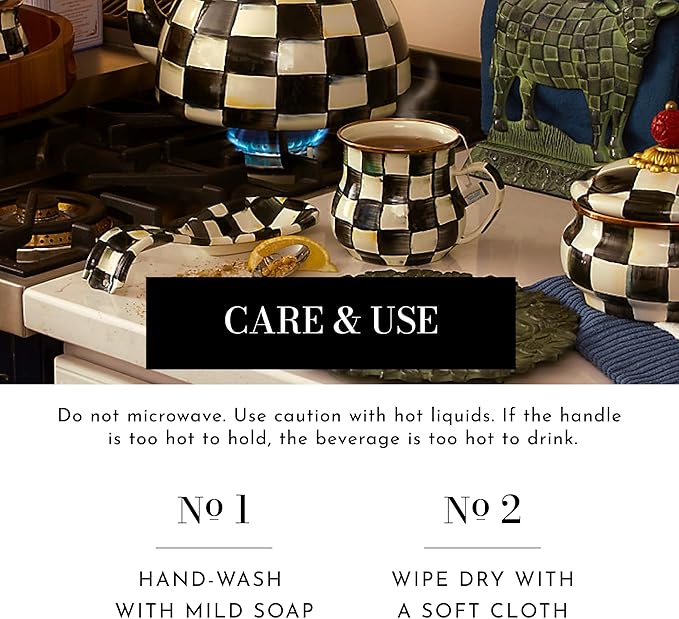 MACKENZIE-CHILDS Enamel Mug, Cute Enamelware Coffee and Tea Mug, Unique Drinkware, 16 Ounces, Black-and-White Courtly Check, Set of 4