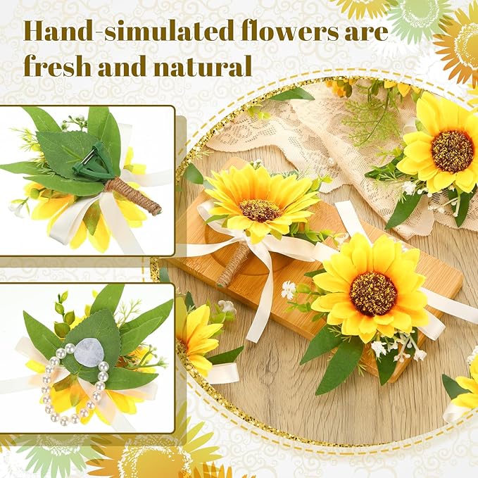 Zeyune 20 Pcs Sunflower Wrist Corsage and Boutonniere Set Including 10 Artificial Sunflower Boutonniere 10 Sunflower Corsage Wrist Flower for Prom Wedding Men Women Bride Groom Bridesmaid Formal Party