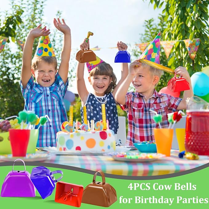Metal Cow Bell Noise Maker - 3 Inch Pack of 4 - Small Loud Metal Cowbell Noisemaker with Handle - Great for Football Games, Sporting Events, Weddings, New Year's Eve, Birthday Parties