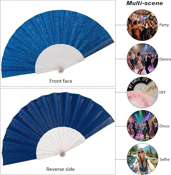 12 Pack Handheld Fan,Folding Hand Glitter fan with Shining Transparent Fan Rib – Ideal for Wedding, Church, Festival, Dance, Tea Party, Club, and EDM Accessories, Royal blue