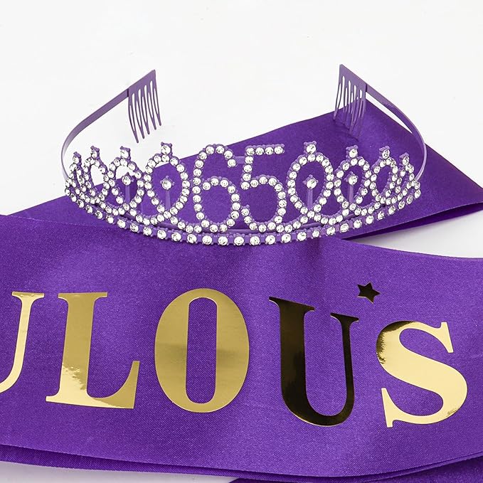 Casoty Purple 65th Birthday Sash and Tiara, 65 and Fabulous Sash and Tiara Set, 65th Birthday Decorations for Women, Happy Birthday Party Supplies for Women, Gfits for Her
