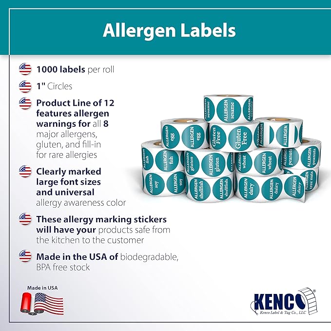Kenco Allergen Warning Stickers - 1" Circle Label, 1,000 Allergy Warning Labels Per Roll in Universal Allergy Awareness Colorway (1 Pack, Multipack)