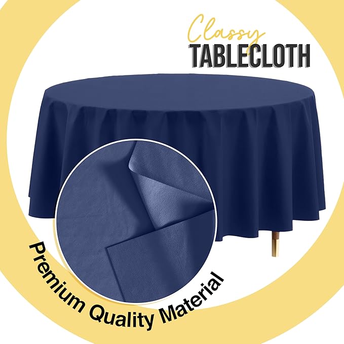 Exquisite 66% Thicker Premium Navy Blue Round Tablecloth 0.5 Mil 6 Pack Plastic Table Cloth Disposable 84 Inch Round Plastic Tablecloth Won't Tear Easily Like Cheap Thin Brands