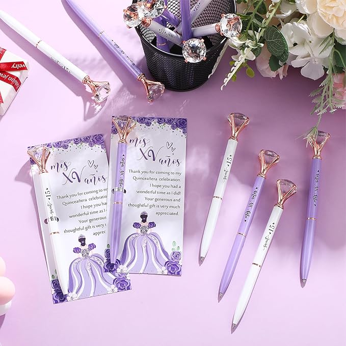 25 Set Quinceanera Party Favors for Guest Sweet 15 Diamond Pens Bulk Mis XV Años Fancy Ballpoint Pen with Thank You Cards and Ties 15th Birthday Thank You Gifts(White, Purple)
