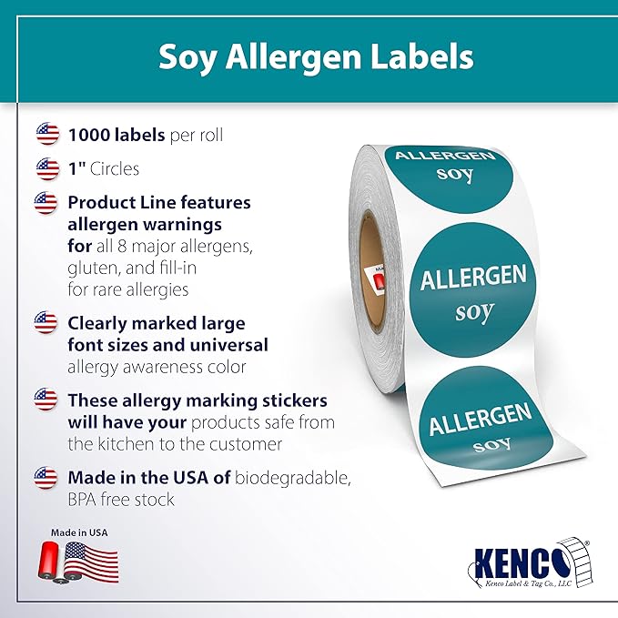 Kenco Allergen Warning Stickers - 1" Circle Label, 1,000 Allergy Warning Labels Per Roll in Universal Allergy Awareness Colorway (12 Pack, Soy)