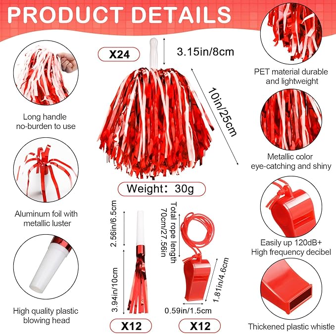Yunsailing 96 Pcs Homecoming Noisemakers Team Spirit Accessories for Game Day Include Hand Clappers Cheerleading Pom Pom Thunder Stick Cheer Party Blower Plastic Whistle for Sport Fans(Red White)