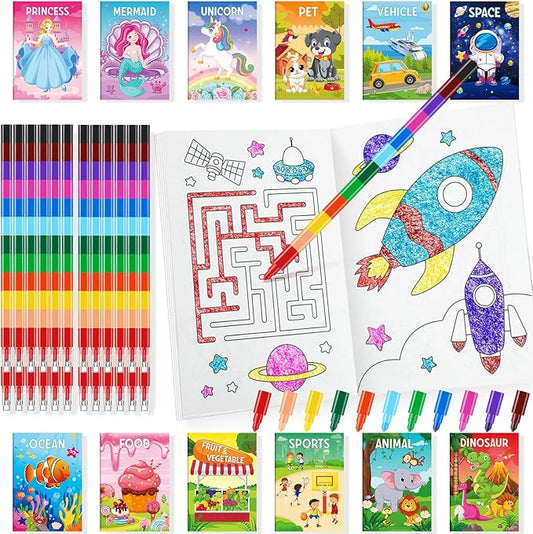 BenLouis Coloring Books for Kids With Stacking Crayons Set Mini Coloring Books Bulk for Ages 4-8-12 Small Activity Books for Birthday Party Gifts Goodie Bags Stuffers Travel（12+12Pcs Classic）