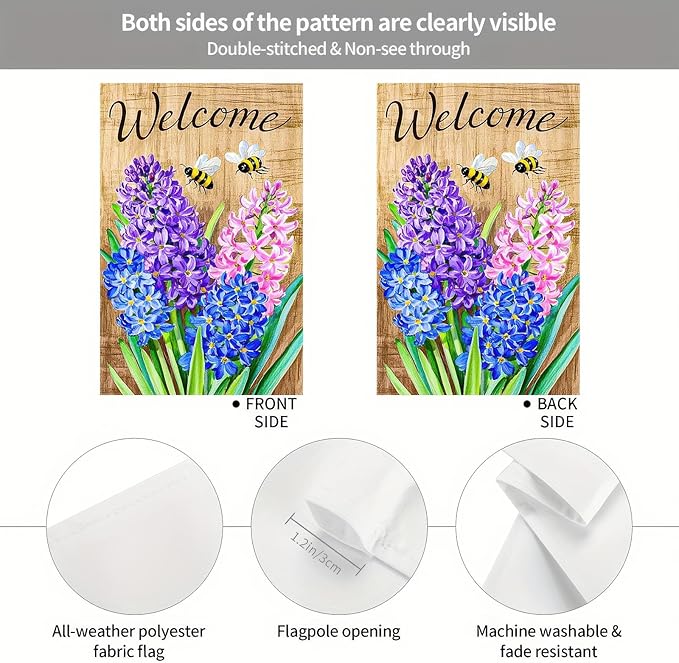 BlissYard Welcome Garden Flag 12x18 Inches Double Sided Small Flags with Hyacinths and Bees Design for Spring Summer Garden Flags Decoration Outside Outdoor Holiday Seasonal Decor Yard Flags