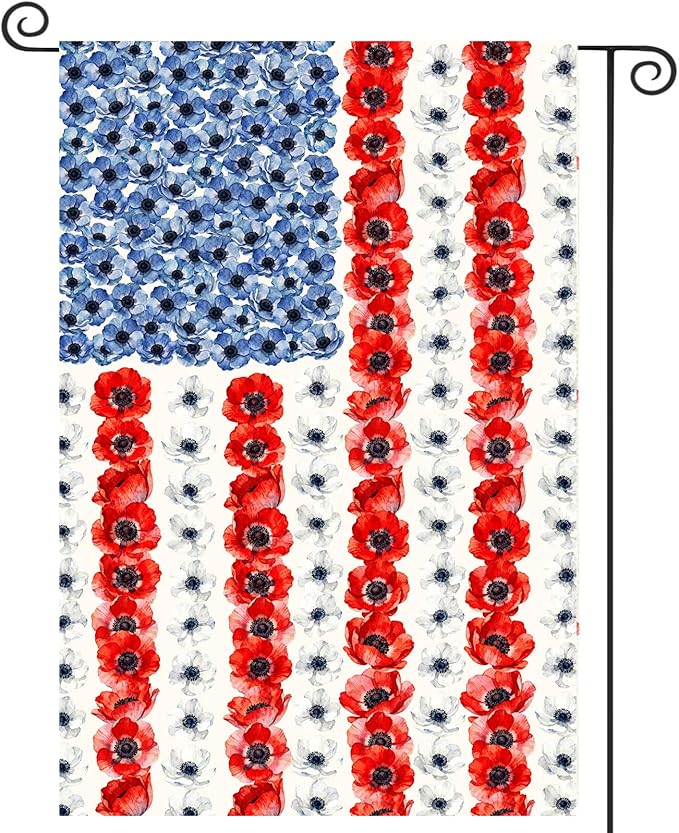 Patriotic Flower American Garden Flag Spring Summer Yard Decor 4th of July Memorial Independence Day Decorations Red White Blue Poppy Banner for Outside 12x18 Double Sided