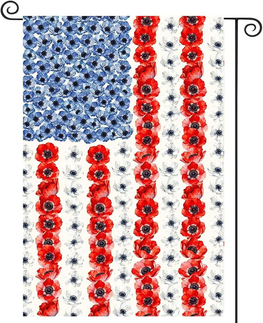Patriotic Flower American Garden Flag Spring Summer Yard Decor 4th of July Memorial Independence Day Decorations Red White Blue Poppy Banner for Outside 12x18 Double Sided
