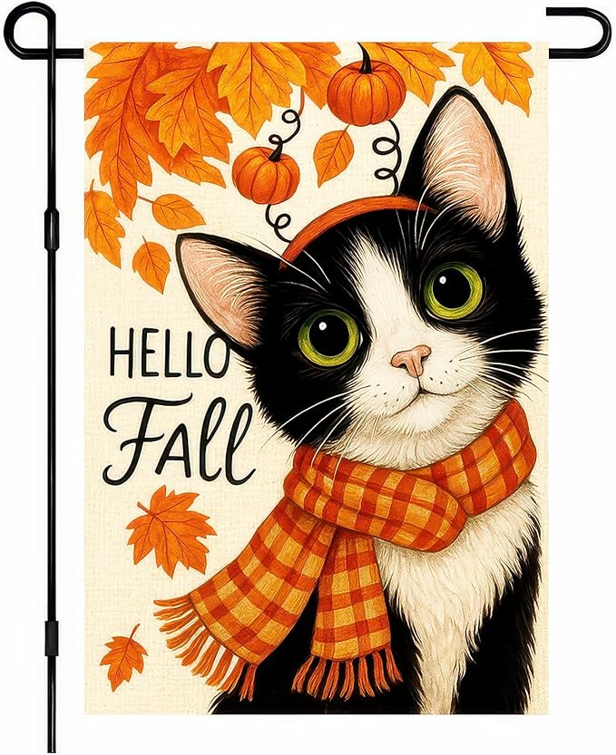 BlissYard Thanksgiving Fall Garden Flag 12x18 Inch Hello Fall Black Cat Flag Double Sided Outdoor Autumn Yard Banner with Pumpkins and Leaves for Porch Lawn Patio Seasonal Decor