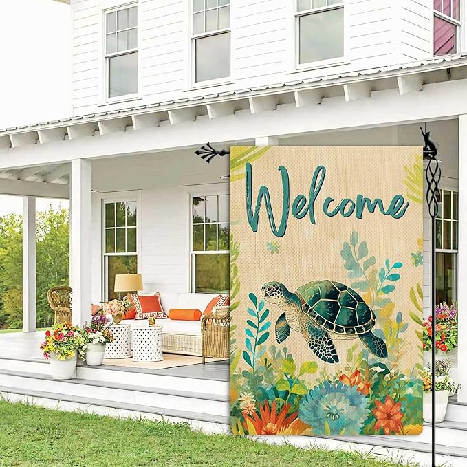 Jauageon Welcome Summer Garden Flag Sea Turtle Garden Flag Ocean Summer Floral Vertical Double Sided Rustic Farmland Burlap Yard Lawn Outdoor Decor 12.5x18"