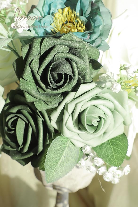 Floroom Artificial Flowers 25pcs Real Looking Sage Green & Emerald Green Foam Fake Roses with Stems for DIY Wedding Bouquets Bridal Shower Centerpieces Floral Arrangements Party Tables Decorations