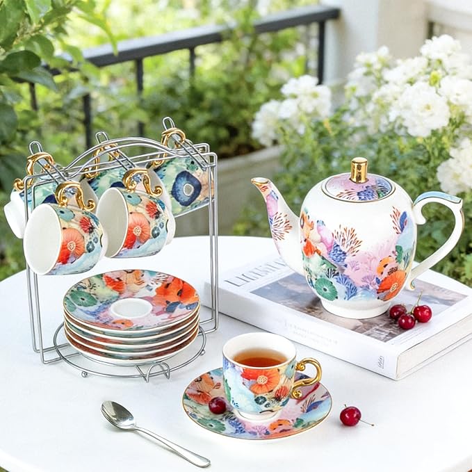 KAMMAK Tea Set for Adults Ceramic Tea Pots and Tea Cup Set, Colorful Tea Cups and Saucers Set for Afternoon Tea, Party, Home, Office, Mordern Porcelain Tea Set with Gold Rim（Coral Secret Realm）