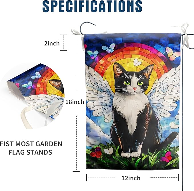 Stained Glass Tuxedo Cat Garden Flag 12x18 Double Sided - Rainbow Bridge Memorial Gift for Loss of Pet - Bereavement Sympathy Gift for Cat Lovers - Seasonal Small Flags for Outside