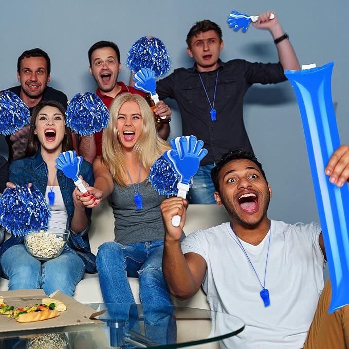 Yunsailing 96 Pcs Homecoming Noisemakers Team Spirit Accessories for Game Day Include Hand Clappers Cheerleading Pom Pom Thunder Stick Cheer Party Blower Plastic Whistle for Sport Fans(Blue)