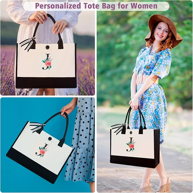 Initial Canvas Tote Bag, Personalized Birthday Gifts for Women Mom Friends Teachers, Monogrammed Tote Bags Suitable for Mother's Day Wedding Beach (Letter J)