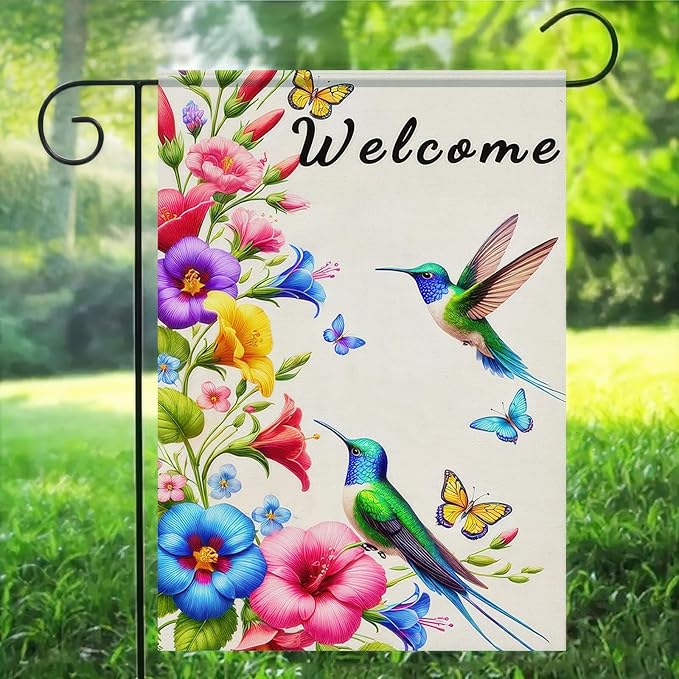 BlissYard Hummingbird Floral Welcome Garden Flag 12x18 Inch Double Sided Spring Summer Hummingbird Yard Flag Yard Outdoor Flag Small Outside Decoration