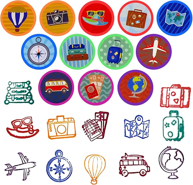 Cinrobiye 24 Pcs Adventure Travel Stampers for Boys Girls, Bon Voyage Birthday Party Supplies Favors, Classroom Rewards, Carnival Prizes, Goody Bag Pinata Fillers for Let the Adventure Begin Party
