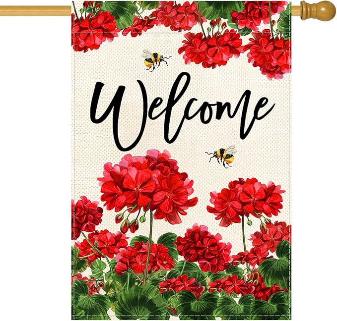 Baccessor Spring Summer Geranium Welcome House Flag Double Sided Summer Bee Red Floral Burlap Yard Flag House Seasonal Farmhouse Outside Outdoor Decoration 28 x 40 Inch（large）