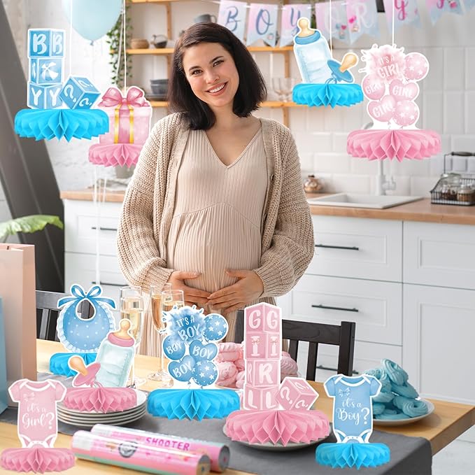 Gender Reveal Decoration Set - Includes Baby Reveal Table Decorations with Honeycomb Centerpiece for Boy or Girl Baby Shower Party Decoration