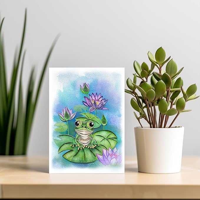 Mother's Day Card, Water Lily and Frog Card, Animals Quilled Quilling Birth Month Flower, Birthday, Get Well, Mothers Day, Greeting Card for Mom Grandma daughter (Water Lily and Frog)