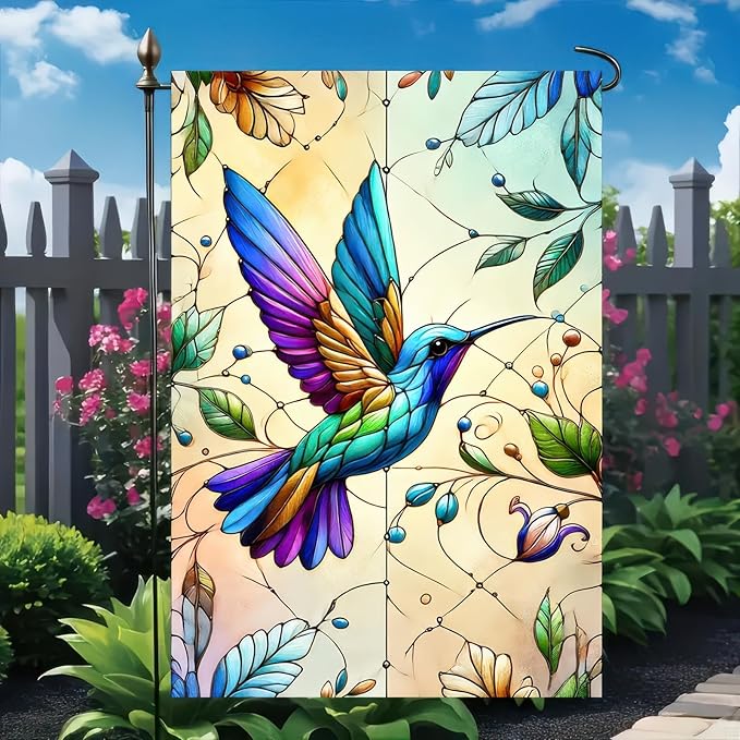 BlissYard Spring Garden Flag Hummingbird Garden Flag Double Sided 12x18 Inch Welcome Spring Hummingbird Retro Glass Style Small Garden Flags Vertical Outdoor Indoor Yard Lawn Garden Decor