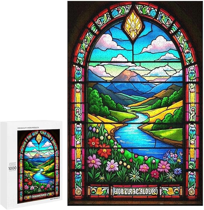 Wooden Jigsaw Puzzles - Stained Glass Window & View - 1000 Piece Jigsaw Puzzle for Adults Teenagers and Kids Educational Family Game，Home Decor，Suitable for Puzzle Enthusiasts and Collectors