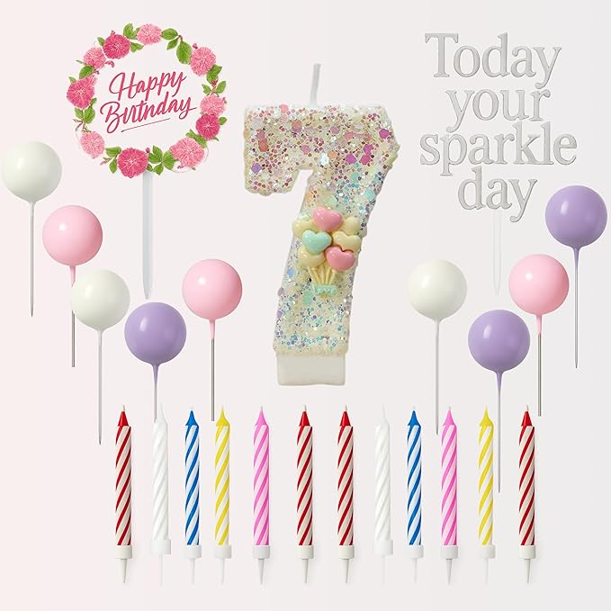 by Tugba Aydan -7 Number Birthday Candles – 24 Piece Cake Decoration Kit with Number Candle – Party Supplies for Kids Seventh Birthday Celebration