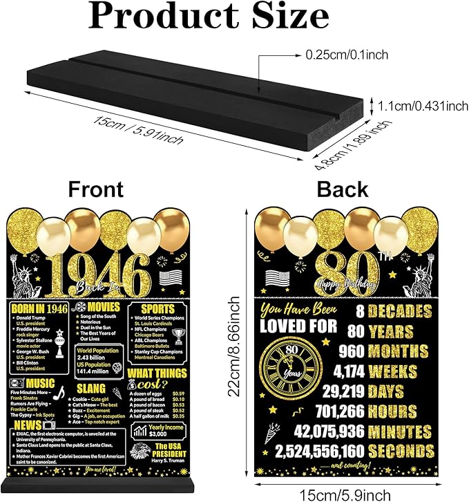 Black Gold 80th Birthday Decorations Gifts for Men Women, Two-Sided Vintage 80 Back in 1946 Theme Poster Wooden Table Sign with Stand, Eighty Years Old Bday Centerpieces Holder for Table Decor