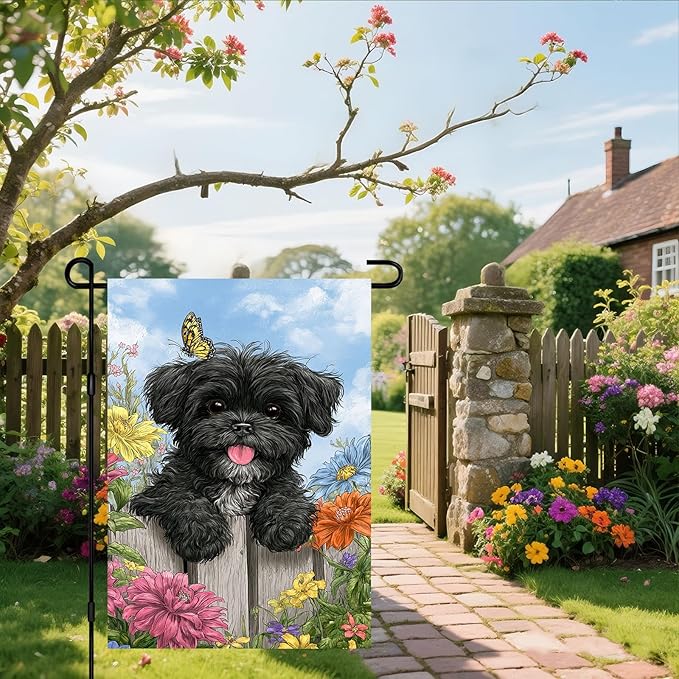 IVN Spring Garden Flag 12x18 Inch Double Sided Black Dog and Colorful Flowers Scene Outdoor Yard Flag for Outside Front Door Lawn Porch Patio Welcome Decor
