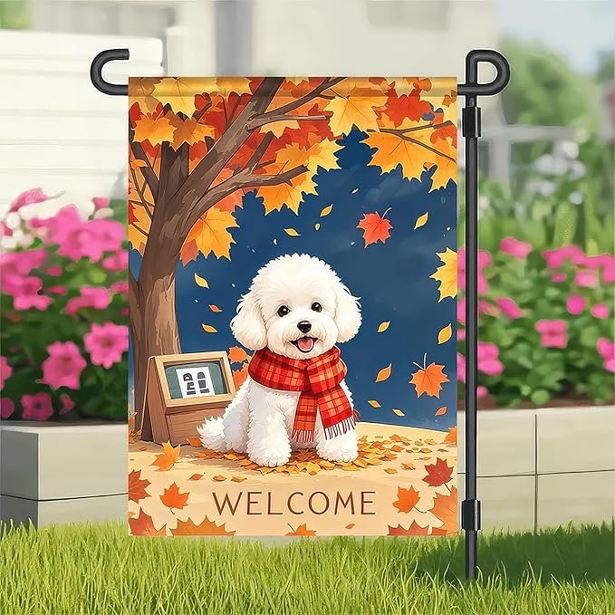 BlissYard Thanksgiving Fall Garden Flag 12x18 Inch Welcome Poodle Dog Flag Double Sided Outdoor Autumn Yard Banner with Leaves and Tree for Porch Lawn Patio Seasonal Decor