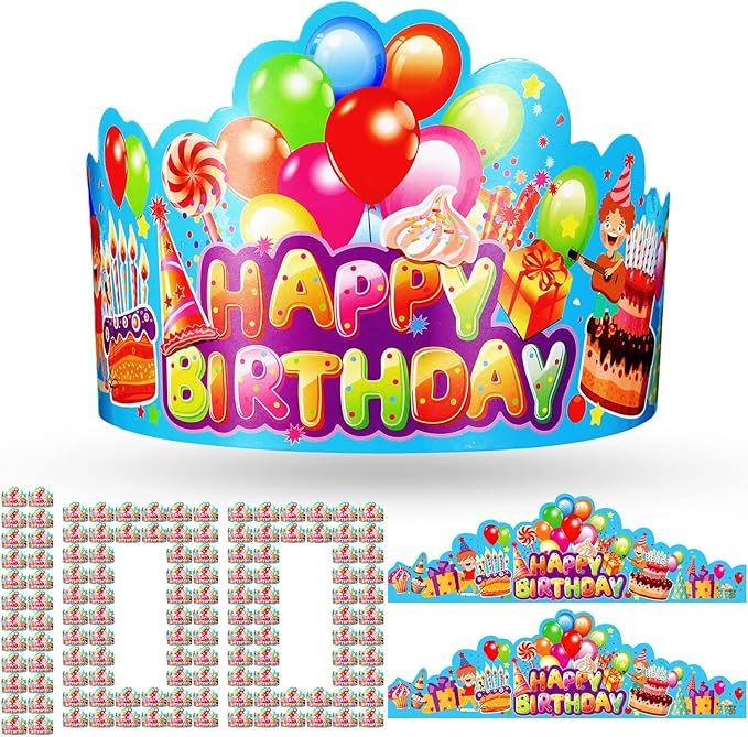 Meooeck 100 Pcs Birthday Crowns for Kids Classroom School Adjustable Colorful Happy Paper Birthday Hats Bulk Kindergarten Gifts Party Supplies Favors