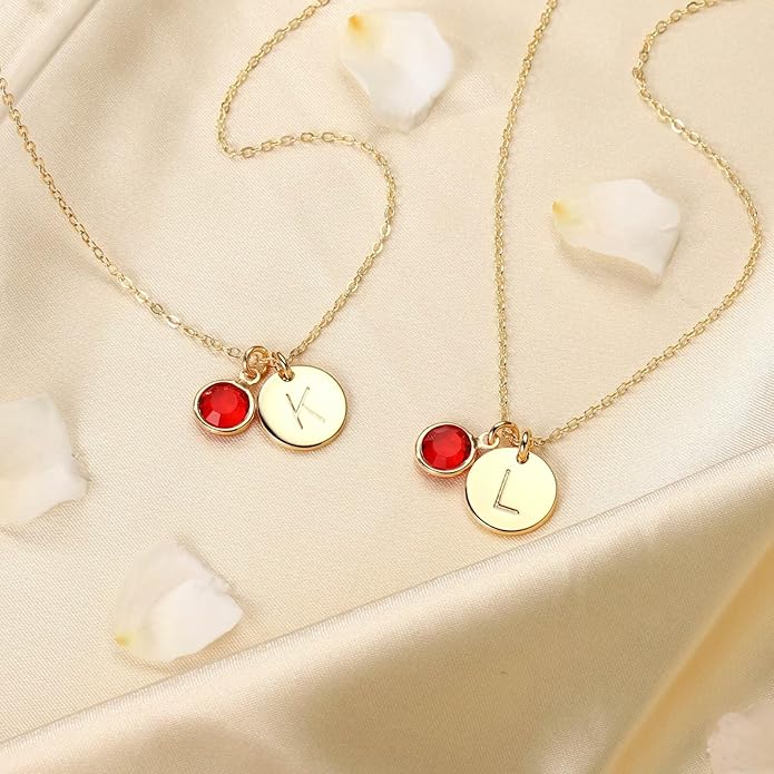 Hidepoo Initial Birthstone Necklace for Girl Women - 14K Gold Plated Disc Letter Necklace Personalized Gifts Jewelry Birthstone Initial Necklaces Birthday Gift for Female Teens Mom