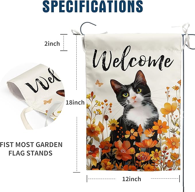 Floral Cat Garden Flag - Fall Yard Wildflower Tuxedo Cat Flag - Orange Autumn Lawn Welcome Thanksgiving Outdoor Flag for Outside - 12x18 Double Sided Small