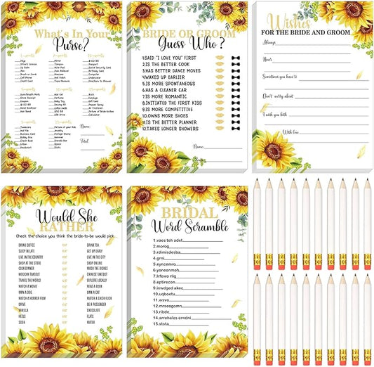 Teling 145 Pieces Bridal Shower Game Bridal Shower Favors Set Wedding Games Cards and Pencils for Bride Groom Bachelorette Party Wedding Party Favor(Sunflower Style)