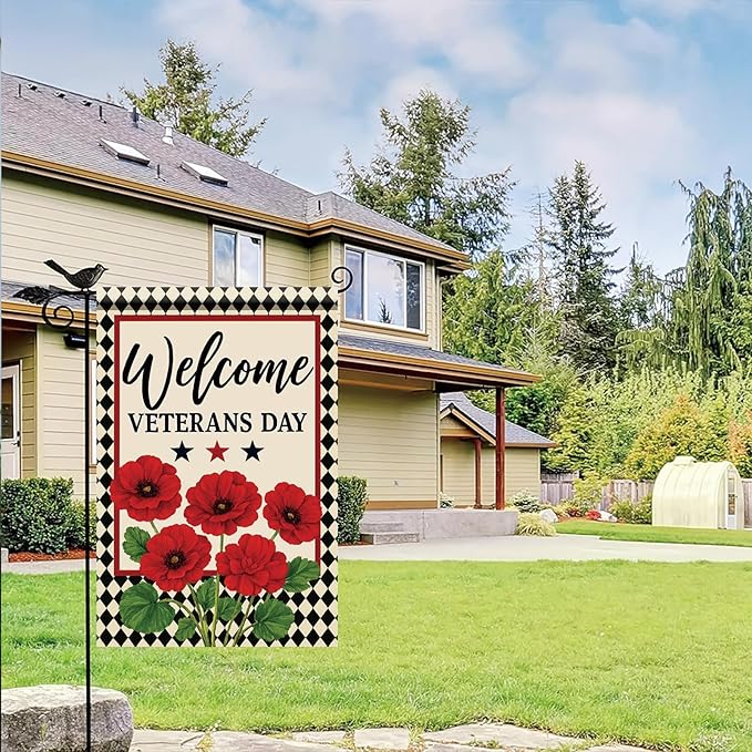 Starlit Patio Buffalo Plaid Welcome Wreath Flag Veterans Day Garden Flag Red Poppy Flower 12x 18 Inch Double Sided Spring Outdoor Fall Autumn Farmhouse Outdoor Small Decor for Porch Lawn Patio Yard