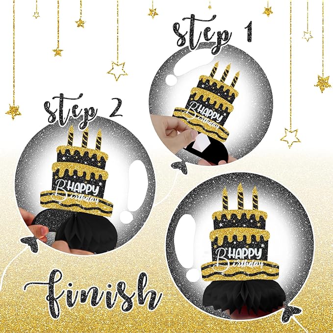 Black and Gold Birthday Decorations – 12Pcs Honeycomb Table Centerpieces, Elegant Party Table Toppers for Women, Classy Black Gold Birthday Party Supplies