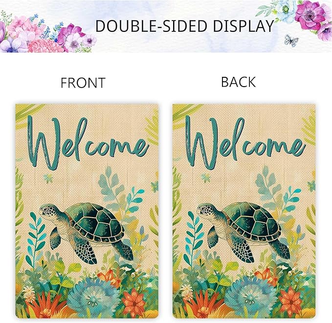Jauageon Welcome Summer Garden Flag Sea Turtle Garden Flag Ocean Summer Floral Vertical Double Sided Rustic Farmland Burlap Yard Lawn Outdoor Decor 12.5x18"