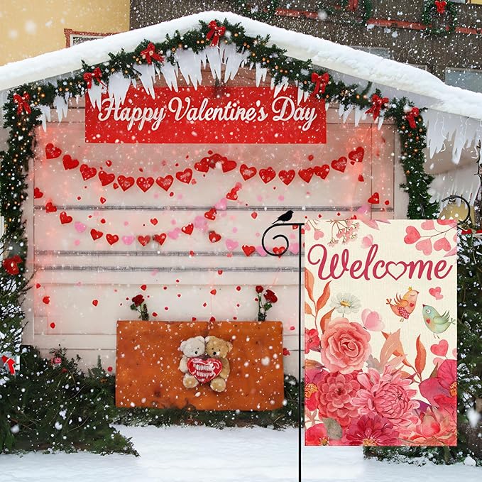 ZAEW Welcome Valentine’s Day Garden Flag Love Birds Yard Flag 12x18 Inch Double Sided Small Mini Yard Outdoor Outside Holiday Decoration