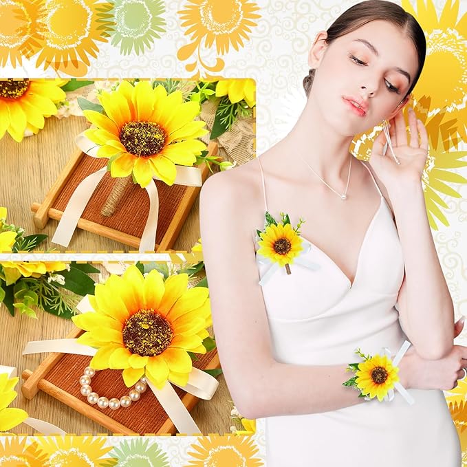 Zeyune 20 Pcs Sunflower Wrist Corsage and Boutonniere Set Including 10 Artificial Sunflower Boutonniere 10 Sunflower Corsage Wrist Flower for Prom Wedding Men Women Bride Groom Bridesmaid Formal Party
