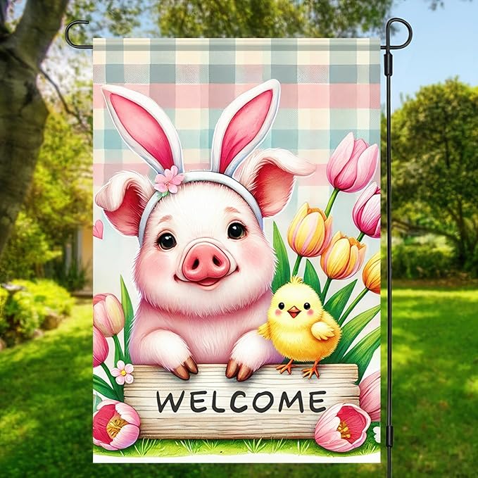 BlissYard Easter Pig Garden Flag 12x18 Inch Double Sided Yard Banner with Bunny Ears and Chick Design Spring Tulip Flower Farmhouse Outdoor Lawn Patio Decoration